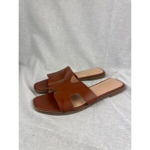 A New Day Cognac Brown H-Band Slide Sandals Square Toe Flats Mens 7.5